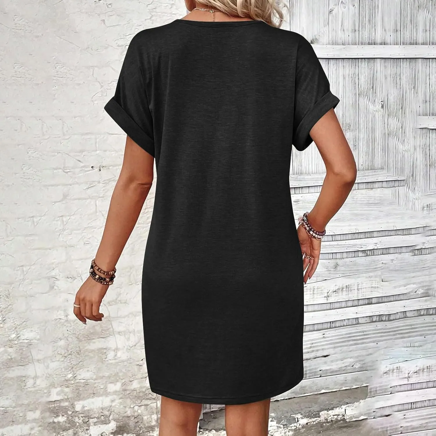 Women's Casual T Shirt Dress Button Up V Neck Tunic Dresses Summer Short Sleeve Mini Dresses Loose Sundresses