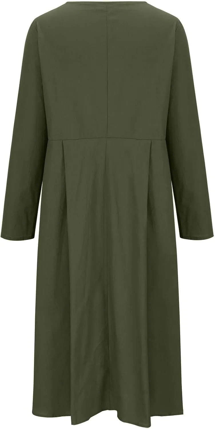 Women's Casual V Neck Button Down Cotton Linen Dress Long Sleeve Midi Length Loose Summer Beach Dresses with Pockets