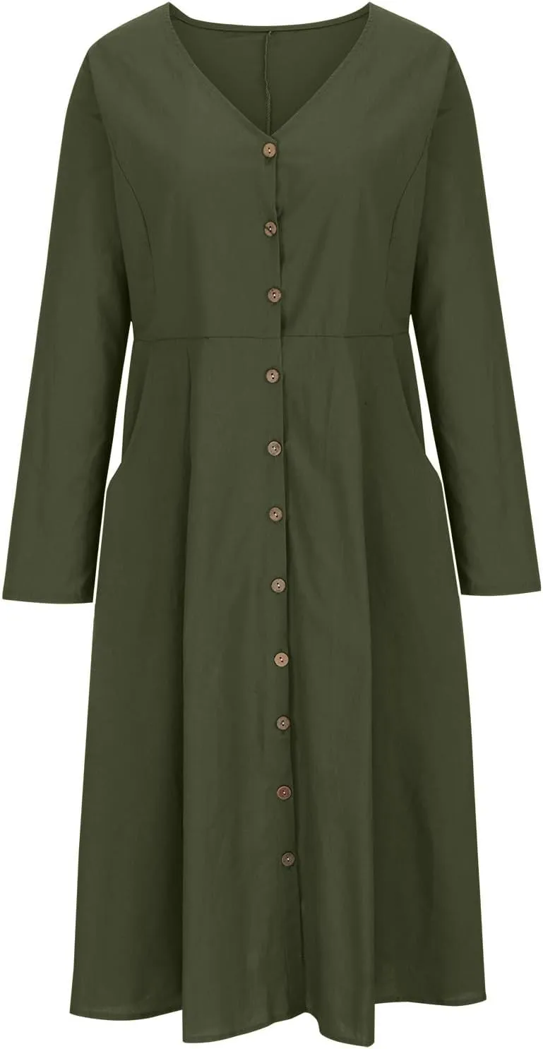 Women's Casual V Neck Button Down Cotton Linen Dress Long Sleeve Midi Length Loose Summer Beach Dresses with Pockets