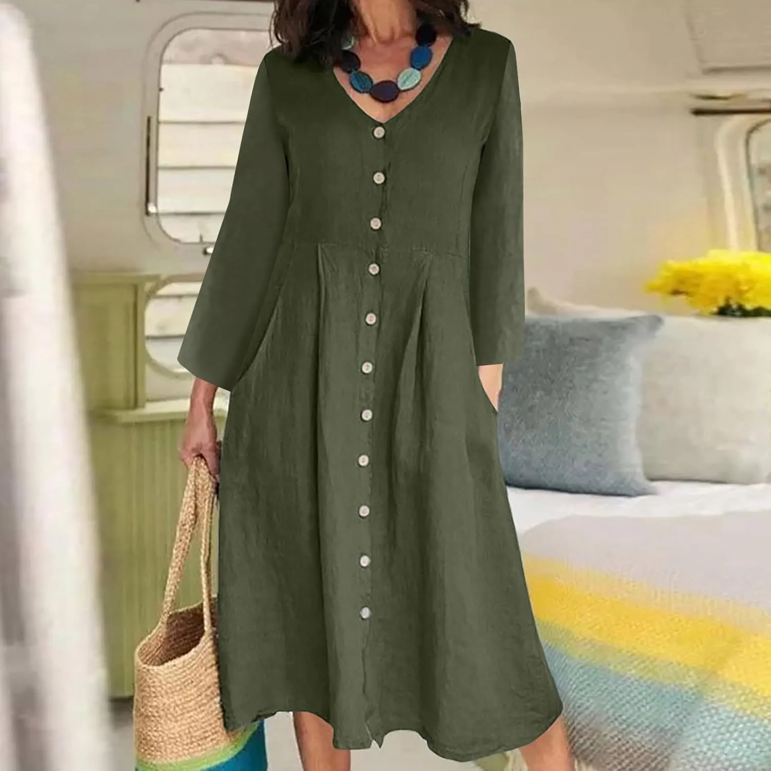 Women's Casual V Neck Button Down Cotton Linen Dress Long Sleeve Midi Length Loose Summer Beach Dresses with Pockets