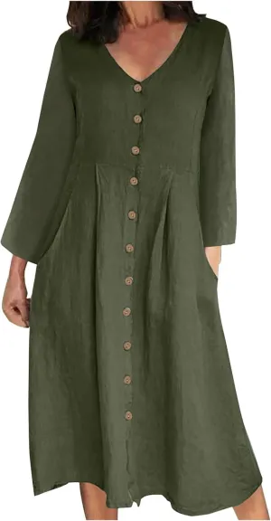 Women's Casual V Neck Button Down Cotton Linen Dress Long Sleeve Midi Length Loose Summer Beach Dresses with Pockets