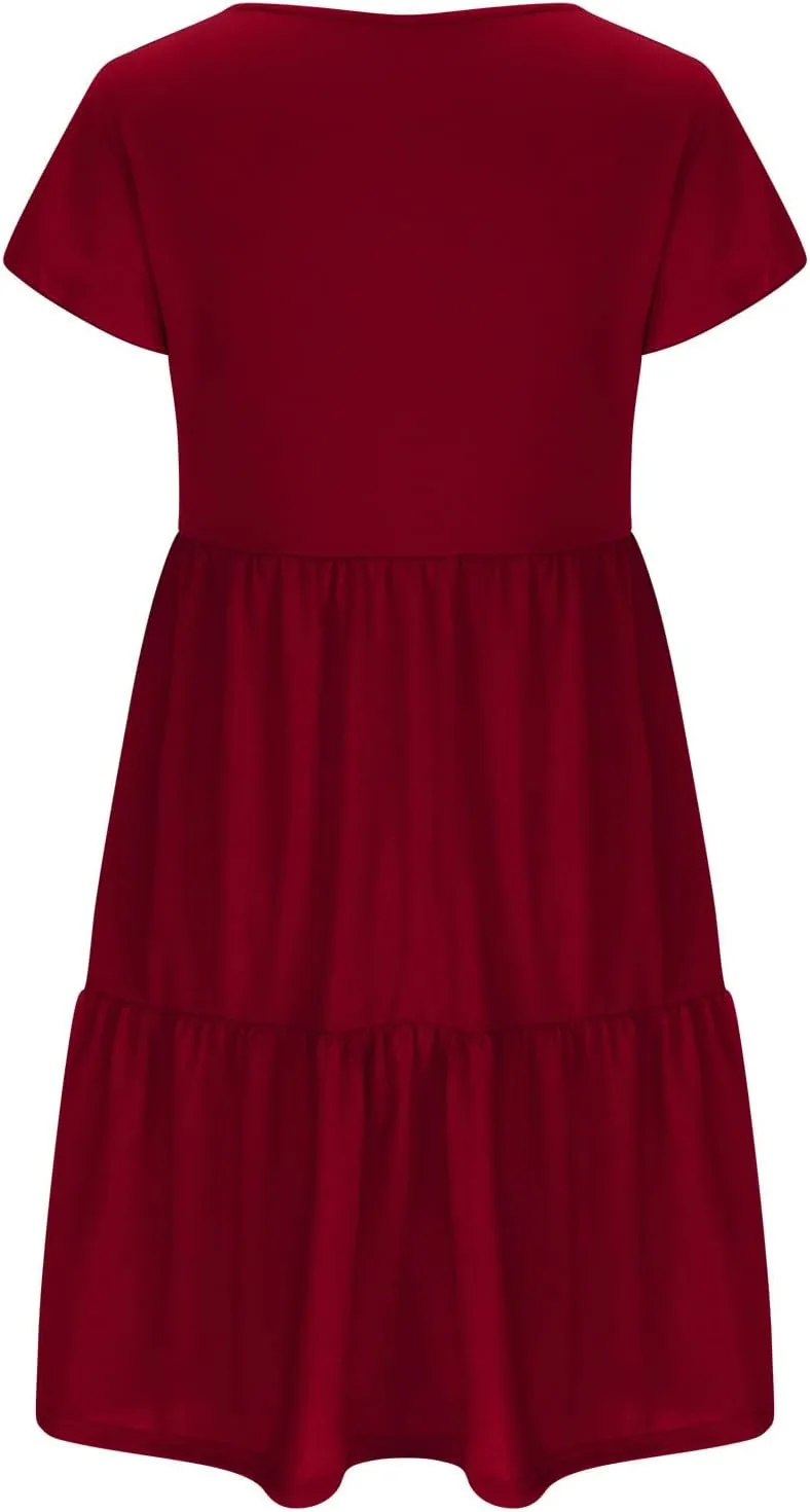 Womens Causal Summer Dresses 2024 Flutter Sleeve V Neck Tunic Tshirt Dress Pleated Ruffle Swing Beach Mini Sundress