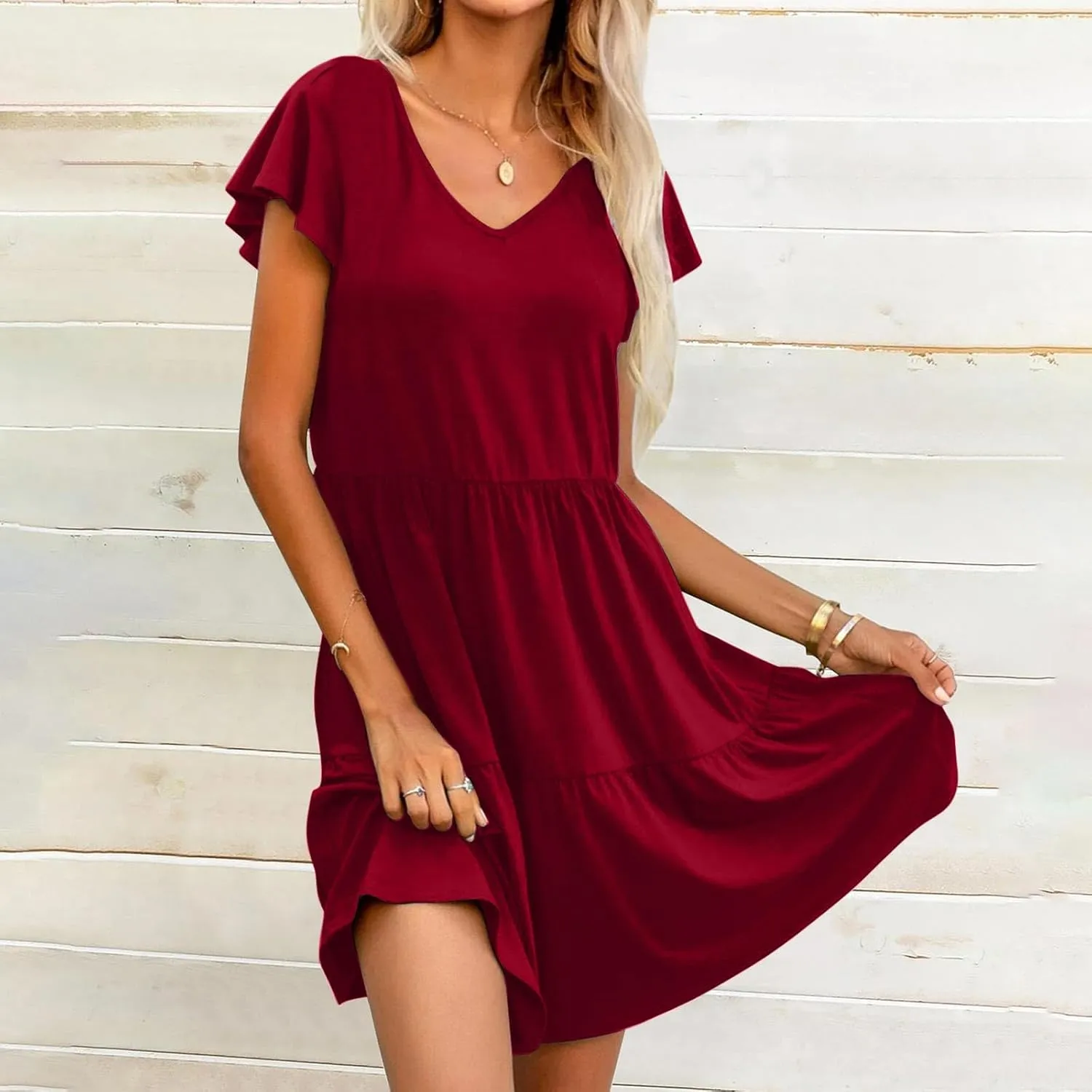 Womens Causal Summer Dresses 2024 Flutter Sleeve V Neck Tunic Tshirt Dress Pleated Ruffle Swing Beach Mini Sundress