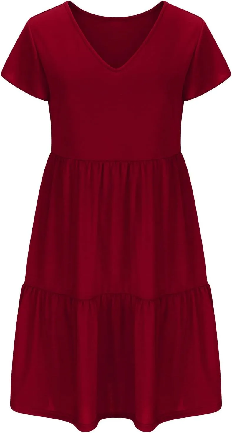 Womens Causal Summer Dresses 2024 Flutter Sleeve V Neck Tunic Tshirt Dress Pleated Ruffle Swing Beach Mini Sundress