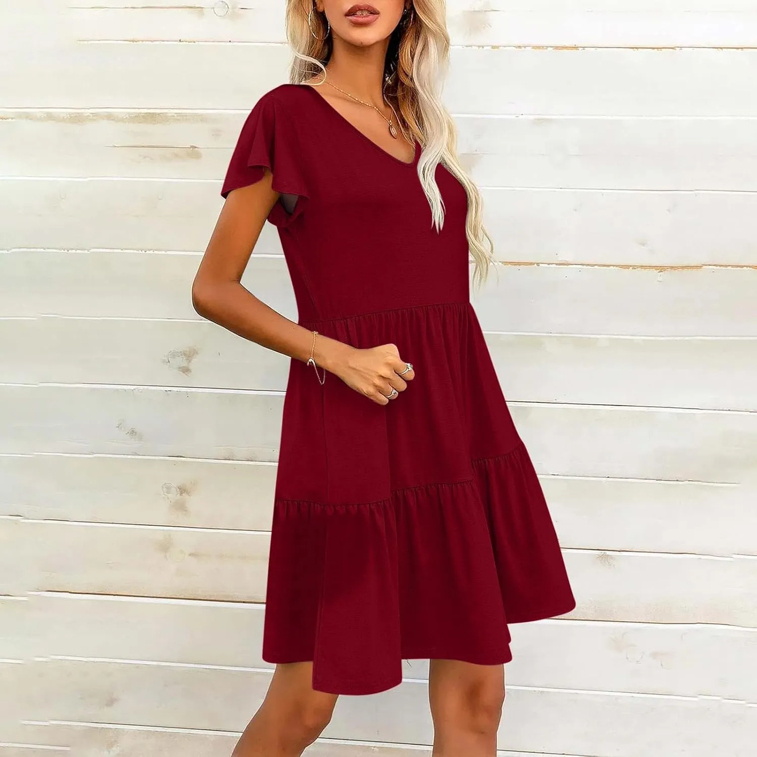 Womens Causal Summer Dresses 2024 Flutter Sleeve V Neck Tunic Tshirt Dress Pleated Ruffle Swing Beach Mini Sundress