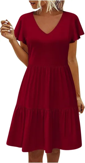 Womens Causal Summer Dresses 2024 Flutter Sleeve V Neck Tunic Tshirt Dress Pleated Ruffle Swing Beach Mini Sundress