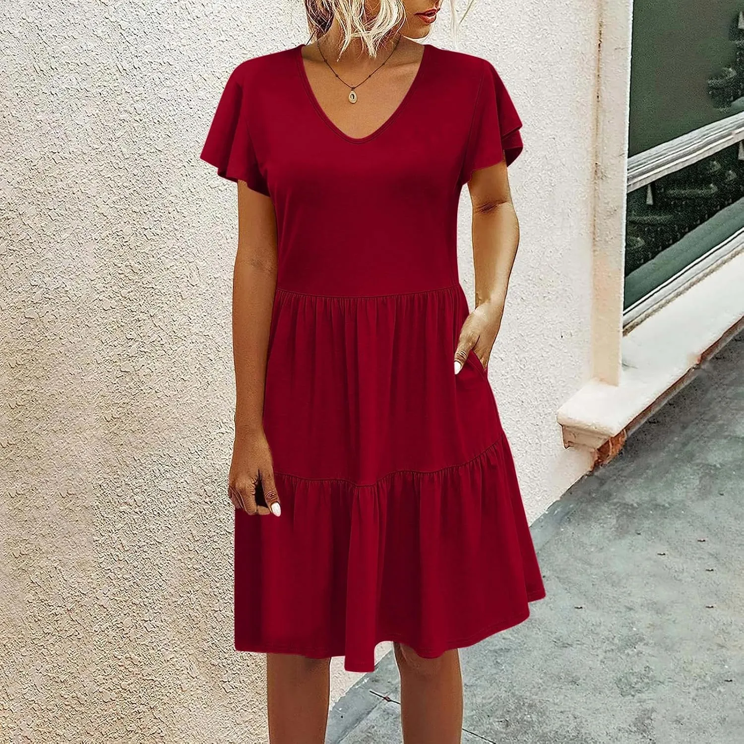 Womens Causal Summer Dresses 2024 Flutter Sleeve V Neck Tunic Tshirt Dress Pleated Ruffle Swing Beach Mini Sundress