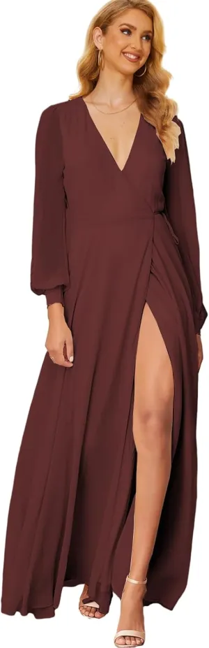 Women's Chiffon Bridesmaid Dresses with Sleeves High Split Wedding Party Dress V Neck Long Formal Gown