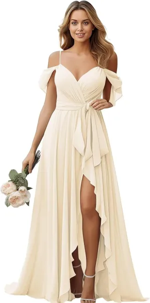 Women's Chiffon Bridesmaid Dresses with Slit Cold Shoulder V-Neck Long Formal Evening Party Gowns for Wedding.