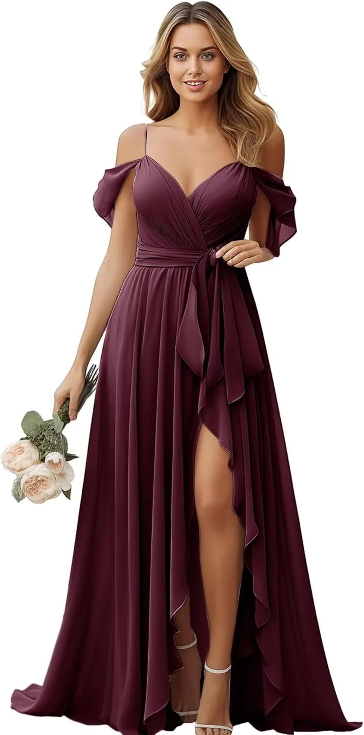 Women's Chiffon Bridesmaid Dresses with Slit Cold Shoulder V-Neck Long Formal Evening Party Gowns for Wedding.