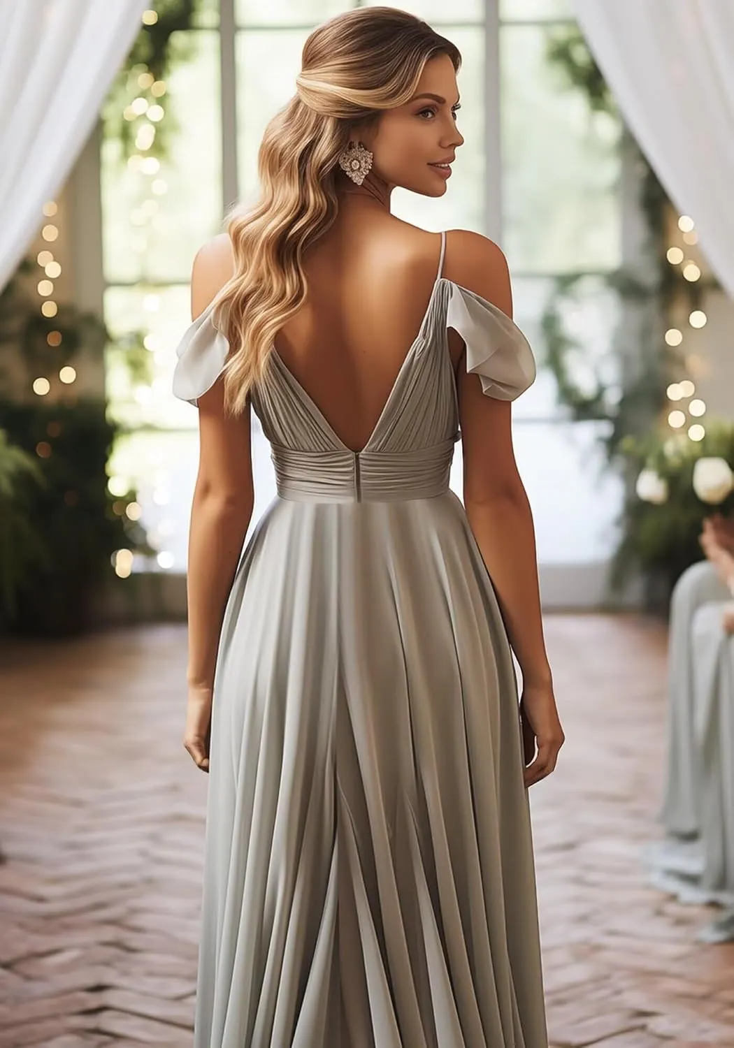 Women's Chiffon Bridesmaid Dresses with Slit Cold Shoulder V-Neck Long Formal Evening Party Gowns for Wedding.