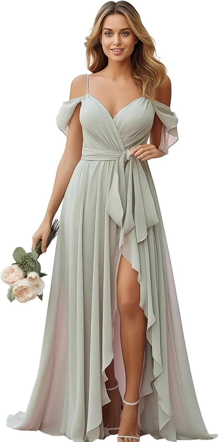 Women's Chiffon Bridesmaid Dresses with Slit Cold Shoulder V-Neck Long Formal Evening Party Gowns for Wedding.