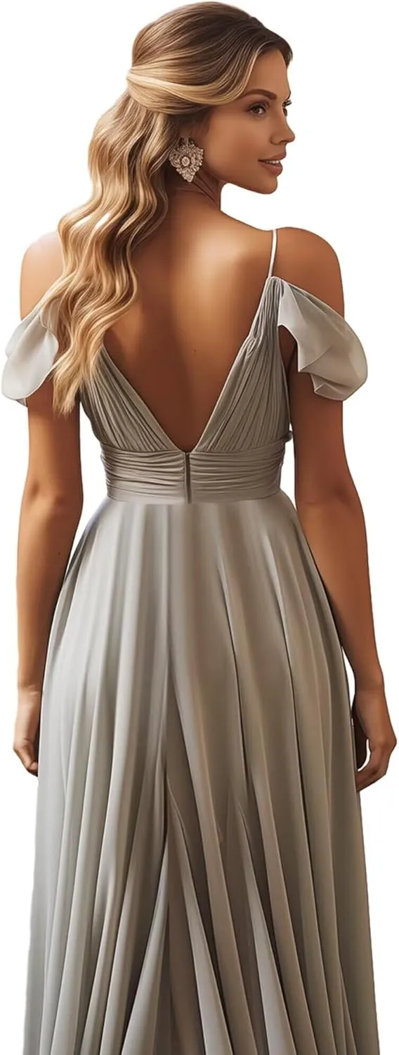 Women's Chiffon Bridesmaid Dresses with Slit Cold Shoulder V-Neck Long Formal Evening Party Gowns for Wedding.