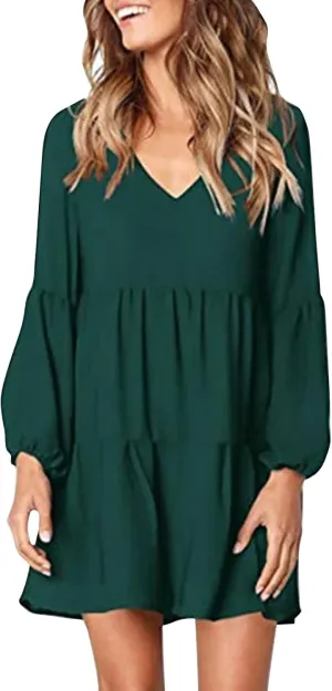 Women's Chiffon Funny Work Dresses for Women 2024 V Neck Summer Dresses Ruffle Pleated Long Sleeve Black Summer Dress