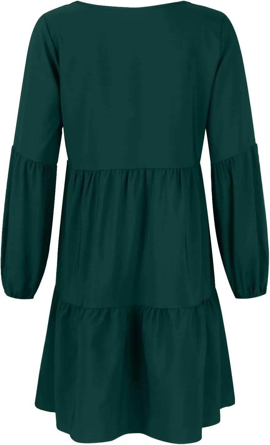Women's Chiffon Funny Work Dresses for Women 2024 V Neck Summer Dresses Ruffle Pleated Long Sleeve Black Summer Dress