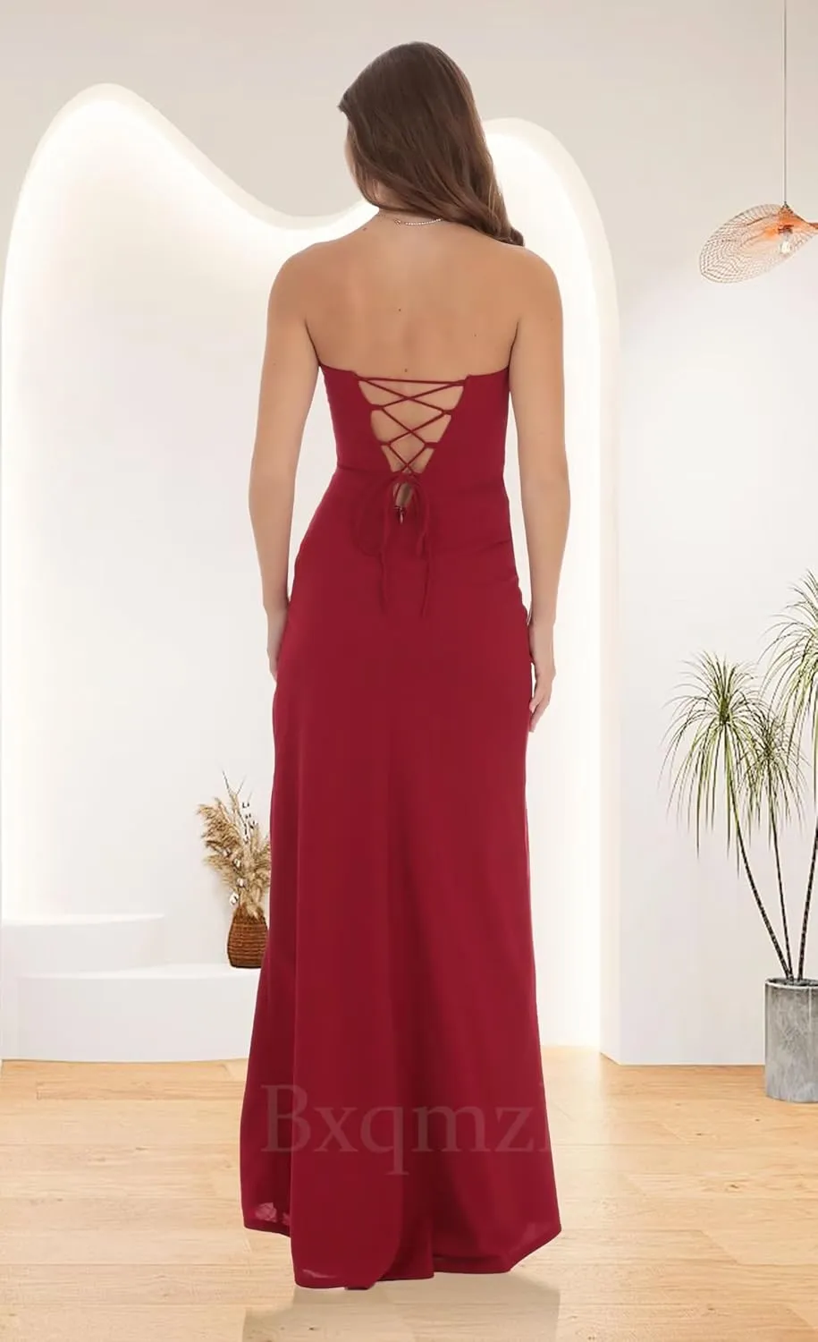 Women's Chiffon Prom Dresses 2025 Strapless Long Ball Gown Pleated A Line Evening Party Gown with Slit