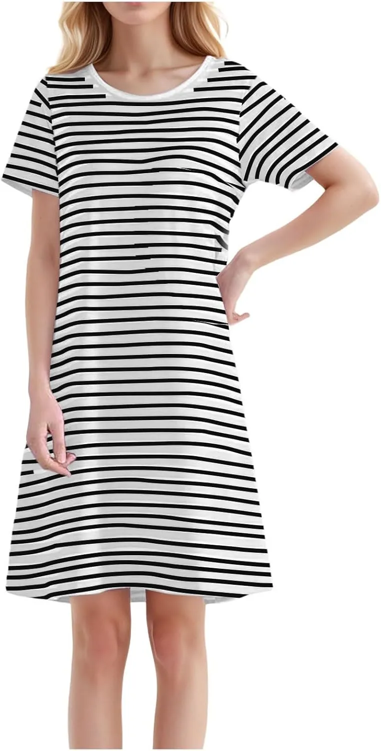 Women's Comfortable Mid Length Dress with Breast Pad Nightdress Casual Striped Skirt Plus Size Casual Dresses for
