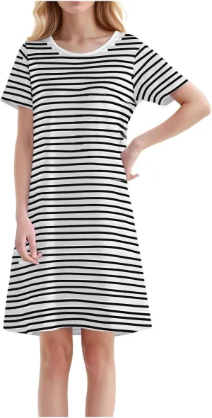Women's Comfortable Mid Length Dress with Breast Pad Nightdress Casual Striped Skirt Plus Size Casual Dresses for