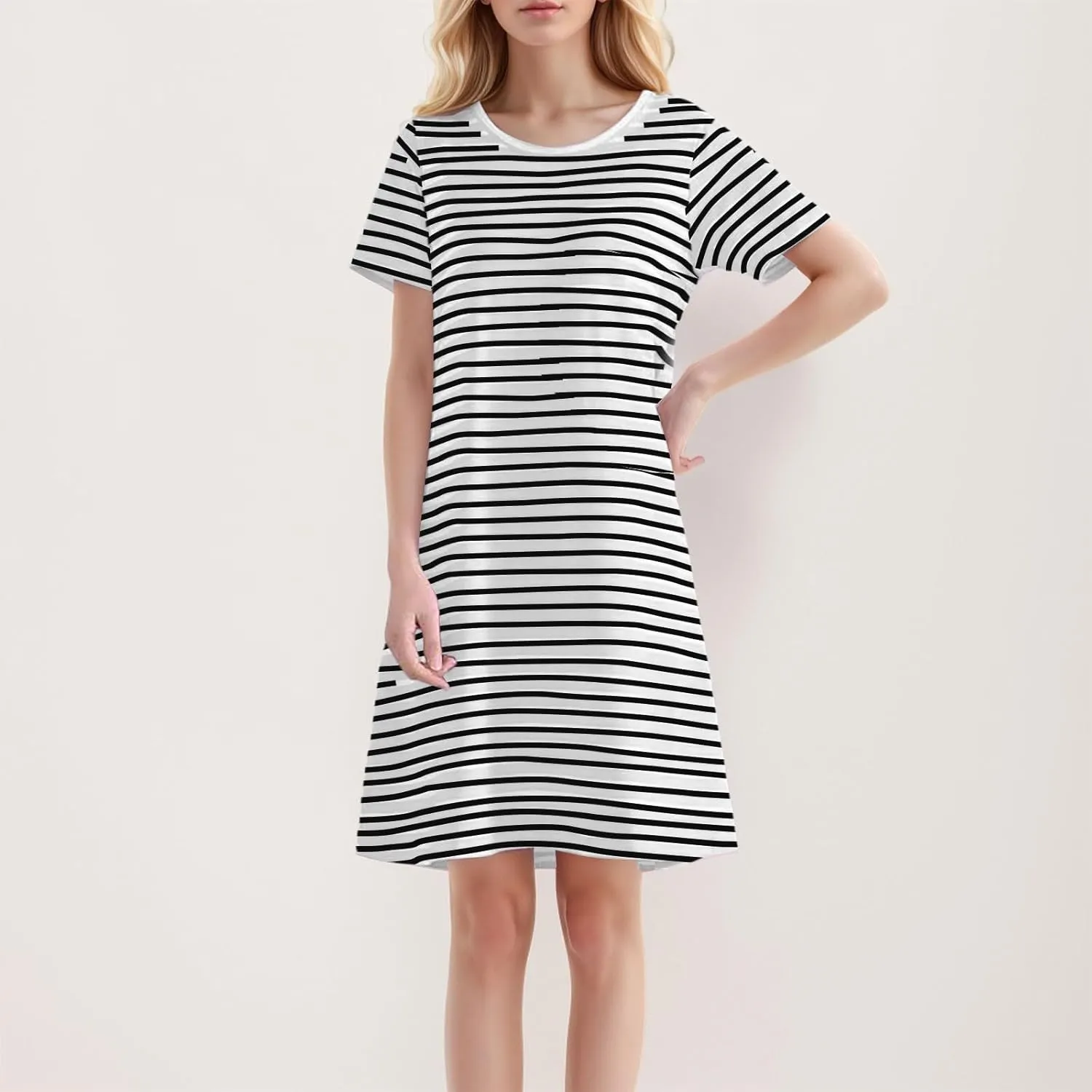 Women's Comfortable Mid Length Dress with Breast Pad Nightdress Casual Striped Skirt Plus Size Casual Dresses for