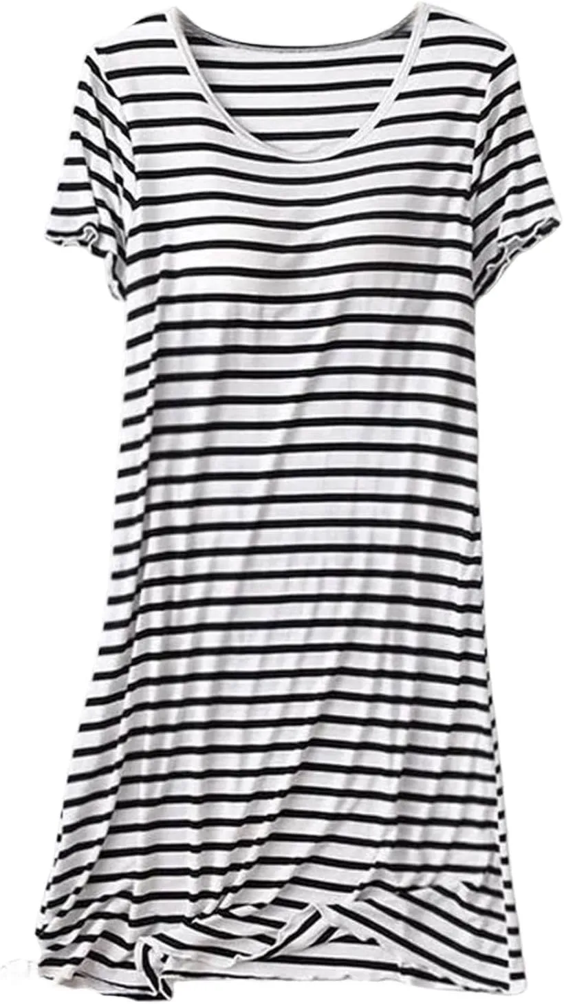 Women's Comfortable Mid Length Dress with Breast Pad Nightdress Casual Striped Skirt Plus Size Casual Dresses for