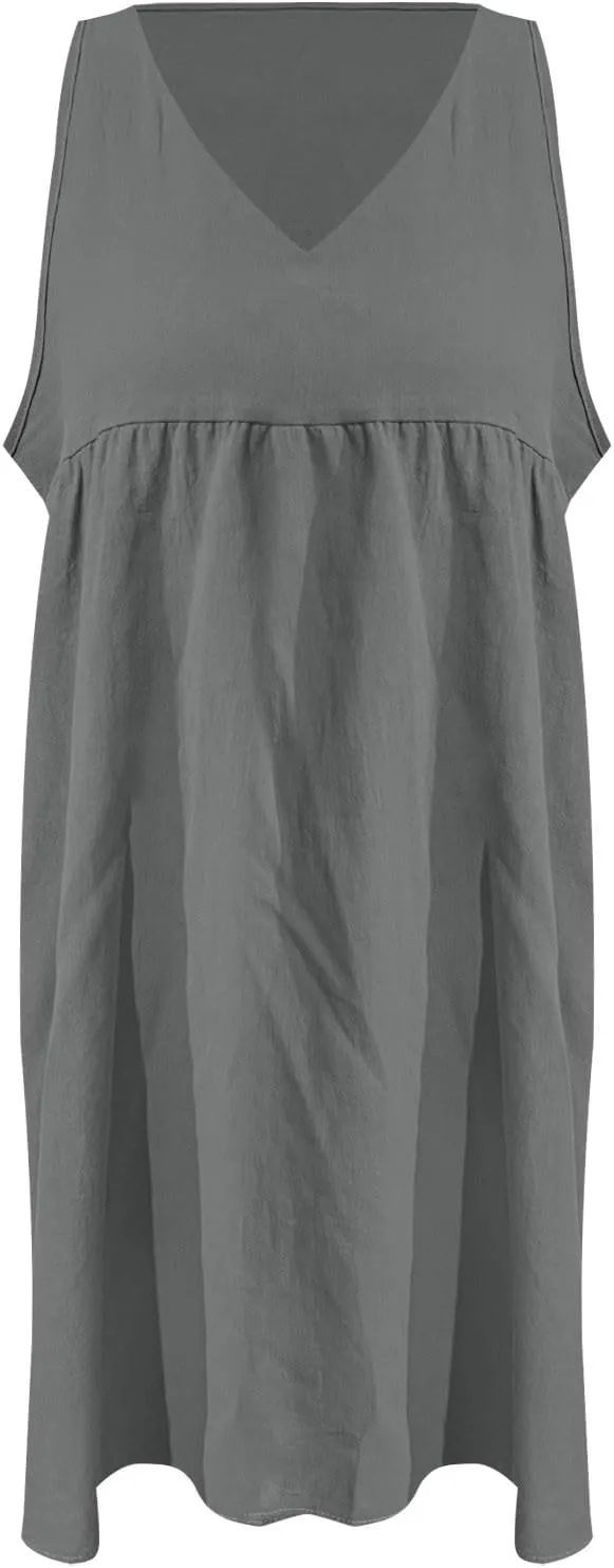 Womens Cotton Linen Dress Sleeveless V Neck Casual Solid Tank Top Lightweight Breatheable Summer Beach Midi Dresses