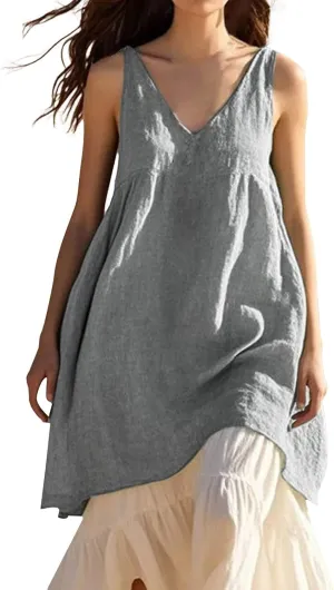 Womens Cotton Linen Dress Sleeveless V Neck Casual Solid Tank Top Lightweight Breatheable Summer Beach Midi Dresses