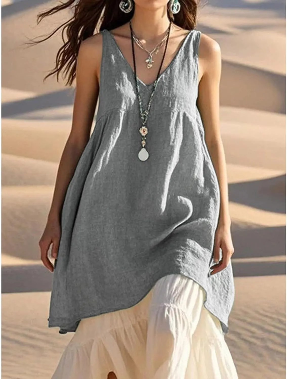 Womens Cotton Linen Dress Sleeveless V Neck Casual Solid Tank Top Lightweight Breatheable Summer Beach Midi Dresses