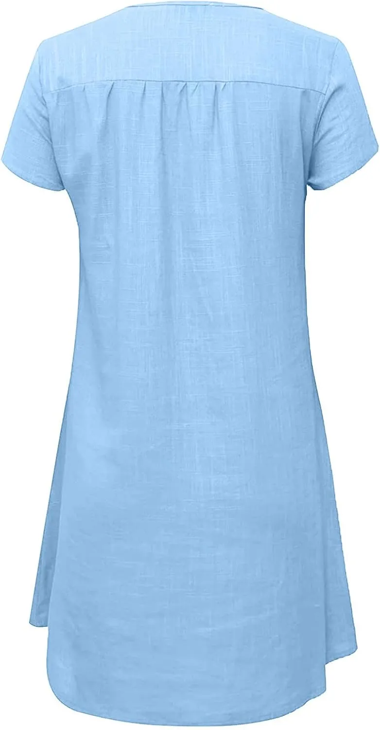 Women's Cotton Linen Dress Summer Midi Dresses Short Sleeve V Neck Loose Casual Shift Dresses Ladies Sundresses