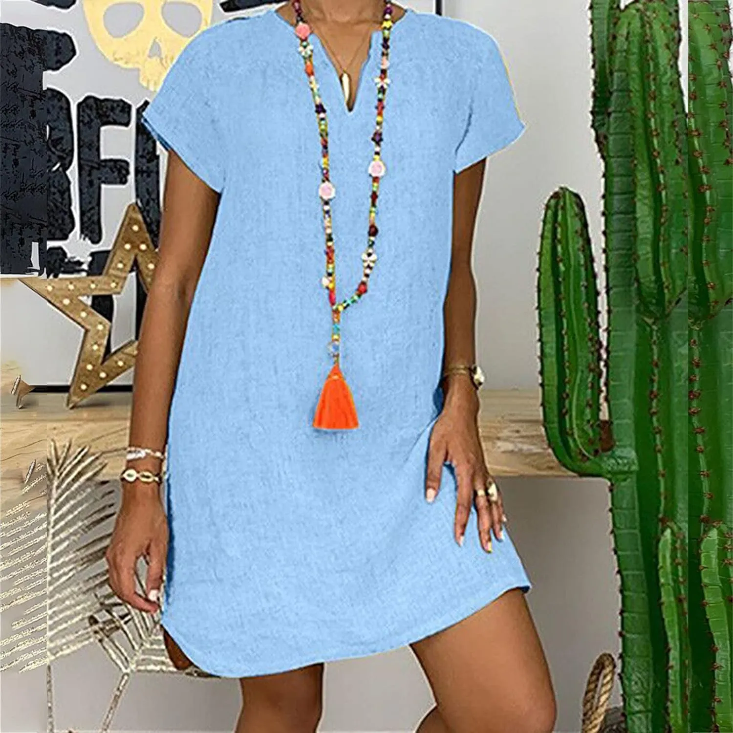 Women's Cotton Linen Dress Summer Midi Dresses Short Sleeve V Neck Loose Casual Shift Dresses Ladies Sundresses