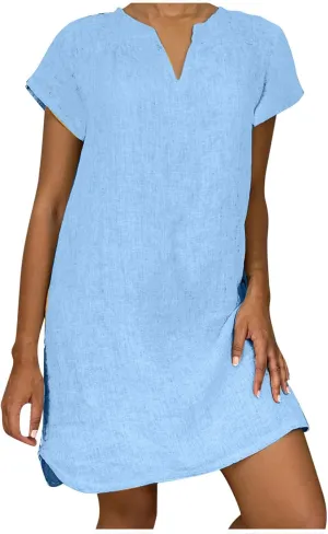 Women's Cotton Linen Dress Summer Midi Dresses Short Sleeve V Neck Loose Casual Shift Dresses Ladies Sundresses