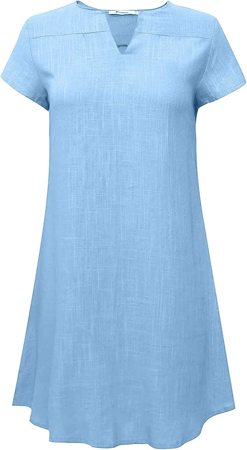 Women's Cotton Linen Dress Summer Midi Dresses Short Sleeve V Neck Loose Casual Shift Dresses Ladies Sundresses