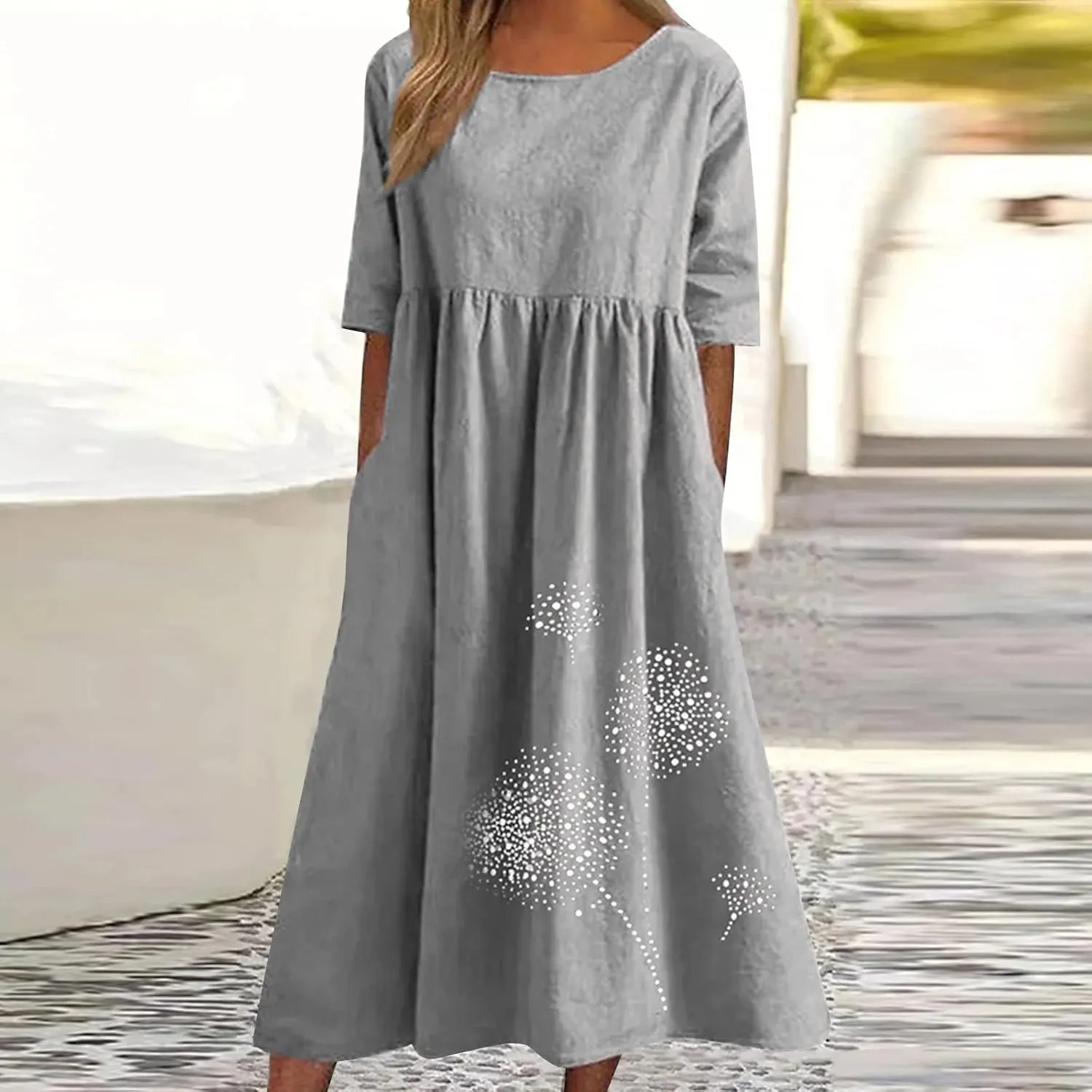 Women's Cotton Linen Dresses Plus Size Casual Midi Dresses 2025 Trendy Short Sleeve Summer Dress with Pockets