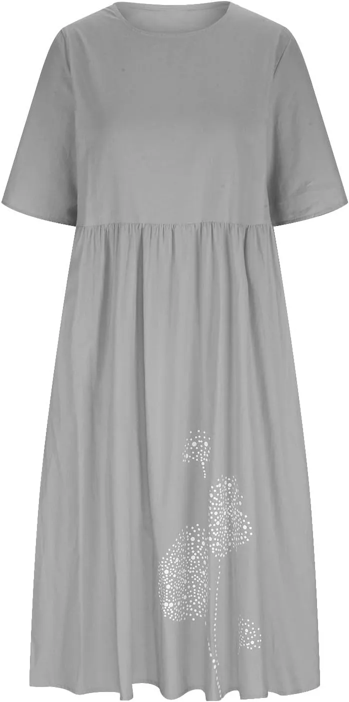 Women's Cotton Linen Dresses Plus Size Casual Midi Dresses 2025 Trendy Short Sleeve Summer Dress with Pockets