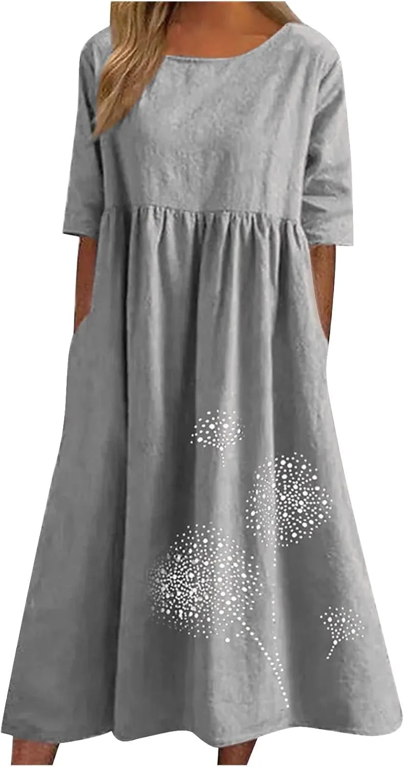 Women's Cotton Linen Dresses Plus Size Casual Midi Dresses 2025 Trendy Short Sleeve Summer Dress with Pockets