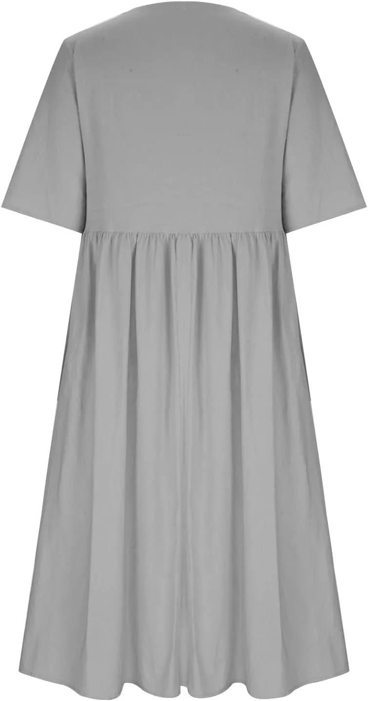 Women's Cotton Linen Dresses Plus Size Casual Midi Dresses 2025 Trendy Short Sleeve Summer Dress with Pockets