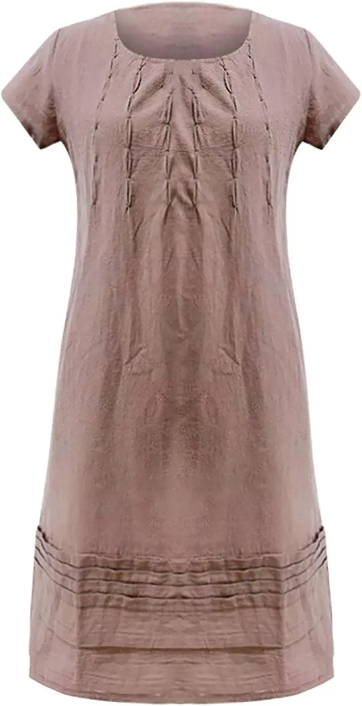 Women's Cotton Linen Midi Dress Short Sleeve Plus Size Summer Dresses Beach Casual Sundresses