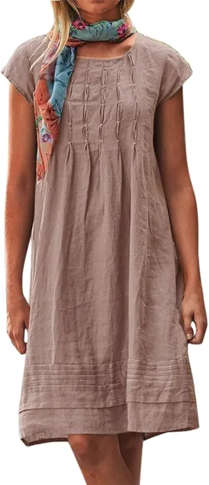 Women's Cotton Linen Midi Dress Short Sleeve Plus Size Summer Dresses Beach Casual Sundresses