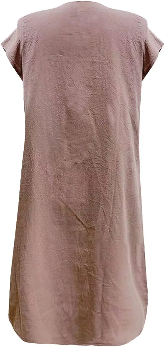 Women's Cotton Linen Midi Dress Short Sleeve Plus Size Summer Dresses Beach Casual Sundresses