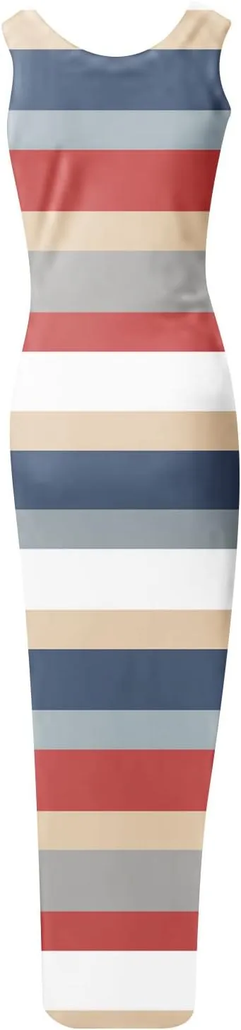 Women's Crewneck Sleeveless Casual Maxi Dresses Striped Graphic Print Sundress Loose Fit Fashion Tank Dresses