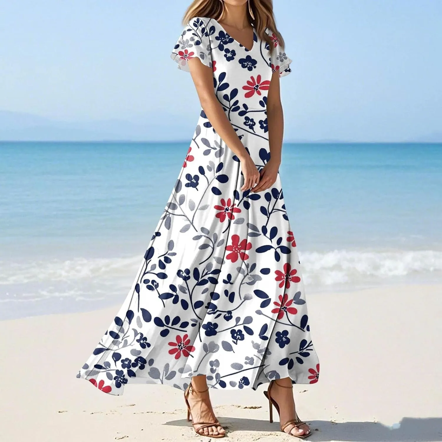 Women's Cute Summer Dresses V Neck Flutter Sleeve Floral Smocked Ruffle Elegant Maxi Sundress 2025 Casual, Xs-2Xl