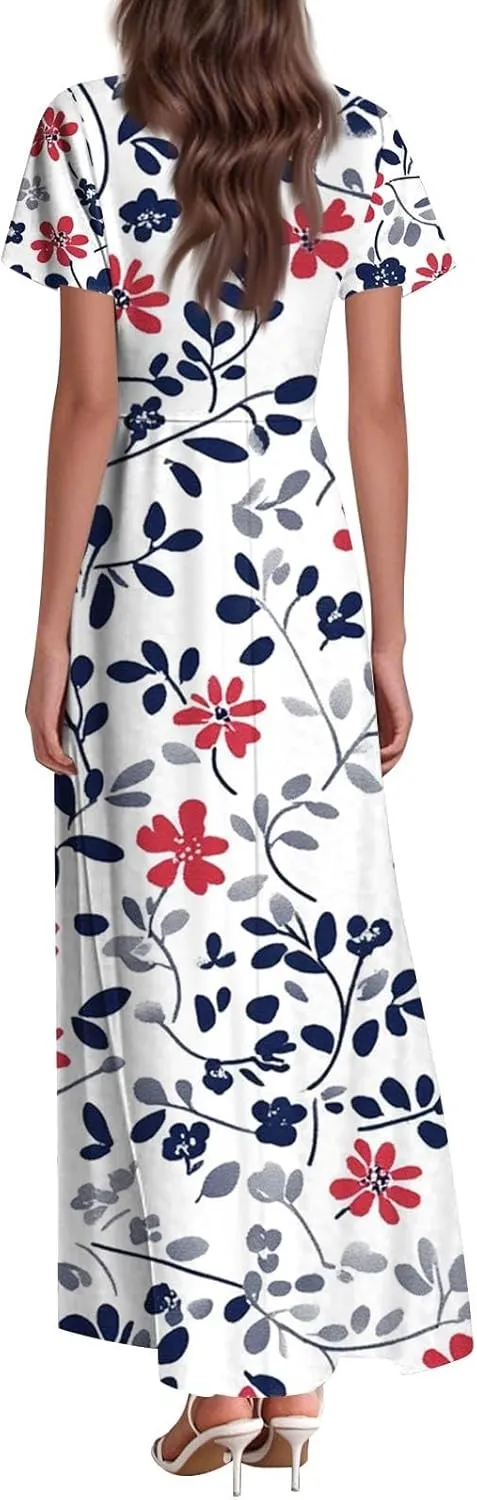 Women's Cute Summer Dresses V Neck Flutter Sleeve Floral Smocked Ruffle Elegant Maxi Sundress 2025 Casual, Xs-2Xl