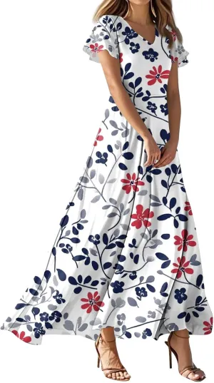Women's Cute Summer Dresses V Neck Flutter Sleeve Floral Smocked Ruffle Elegant Maxi Sundress 2025 Casual, Xs-2Xl