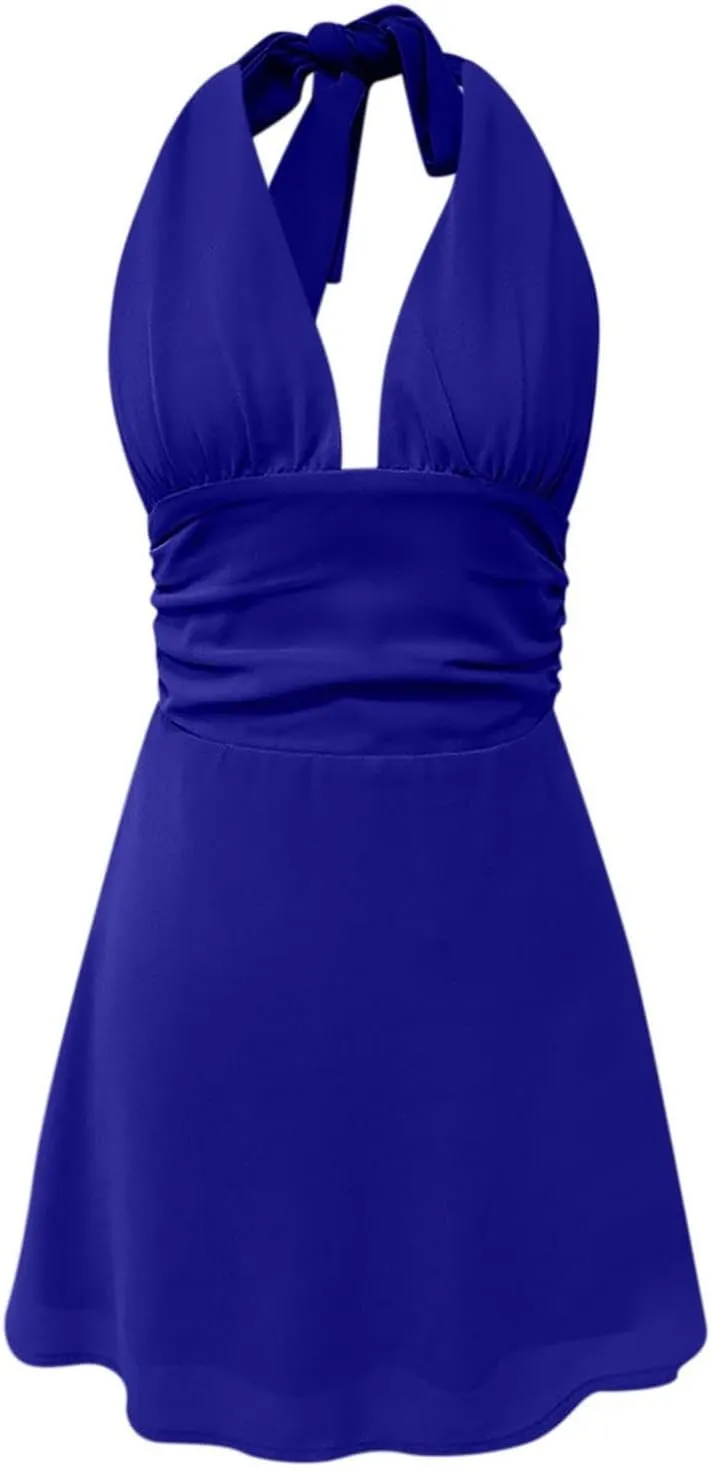 Womens Deep V Mini Dress Bow Tie Sleeveless Backless Ruched Flowy Wrap Ruffle Hem Short Sleeve Loose T Shirt