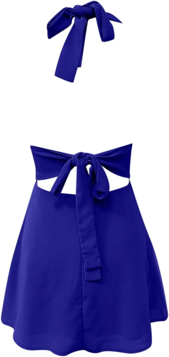 Womens Deep V Mini Dress Bow Tie Sleeveless Backless Ruched Flowy Wrap Ruffle Hem Short Sleeve Loose T Shirt