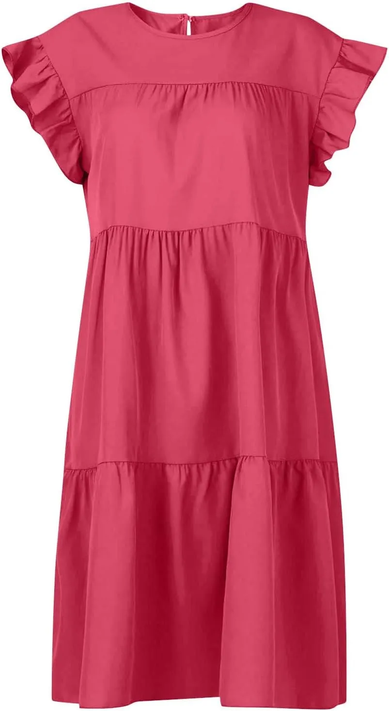 Women's Dress Ruffled Sleeve Graduation Dresses Solid Color Round Neck Short Summer Dress Vacation, S-5XL