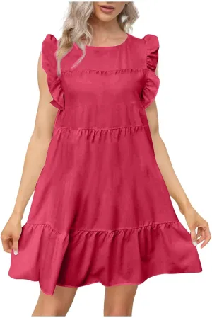 Women's Dress Ruffled Sleeve Graduation Dresses Solid Color Round Neck Short Summer Dress Vacation, S-5XL