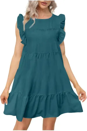 Women's Dress Ruffled Sleeve Graduation Dresses Solid Color Round Neck Short Summer Dress Vacation, S-5XL