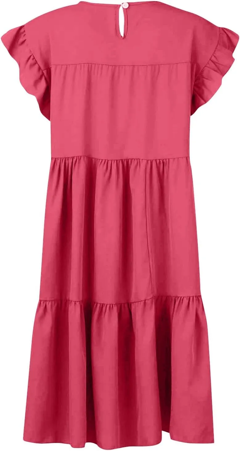 Women's Dress Ruffled Sleeve Graduation Dresses Solid Color Round Neck Short Summer Dress Vacation, S-5XL