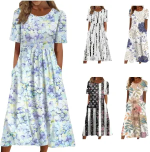 Women's Dress Summer Round Neck Short Sleeve 2024 Loose Casual Swing Dresses with Pockets, S-3XL