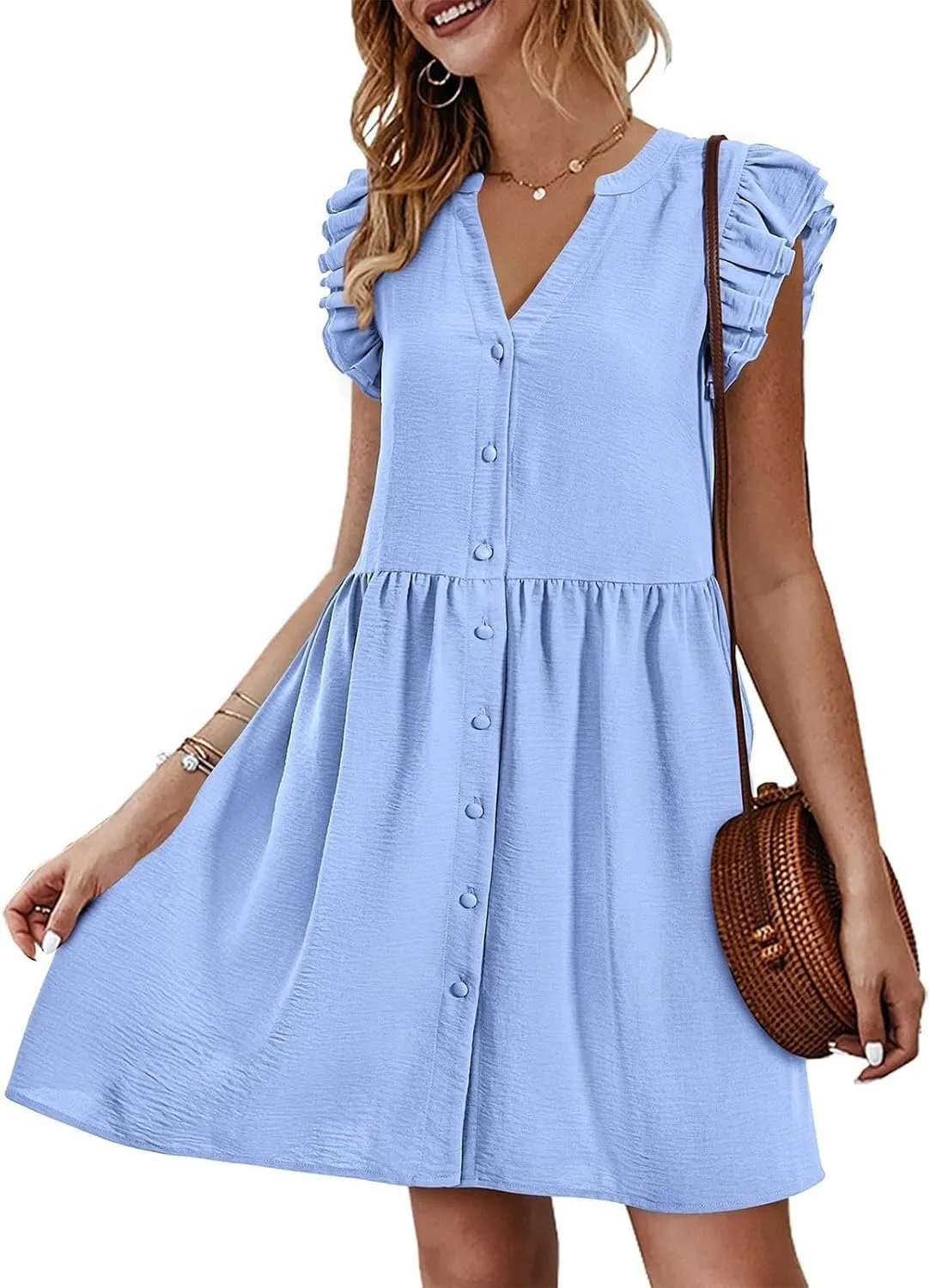 Women's Dresses 2024 Summer Mini Dress Casual Ruffle Sleeveless Button Down V Neck Loose Dress Sundresses